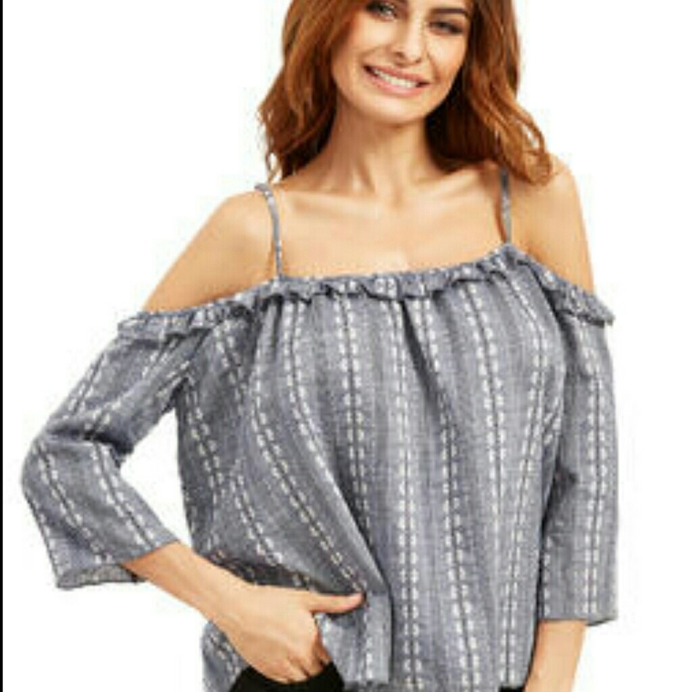 Gray Cold Shoulder Strappy Ruffle Blouse